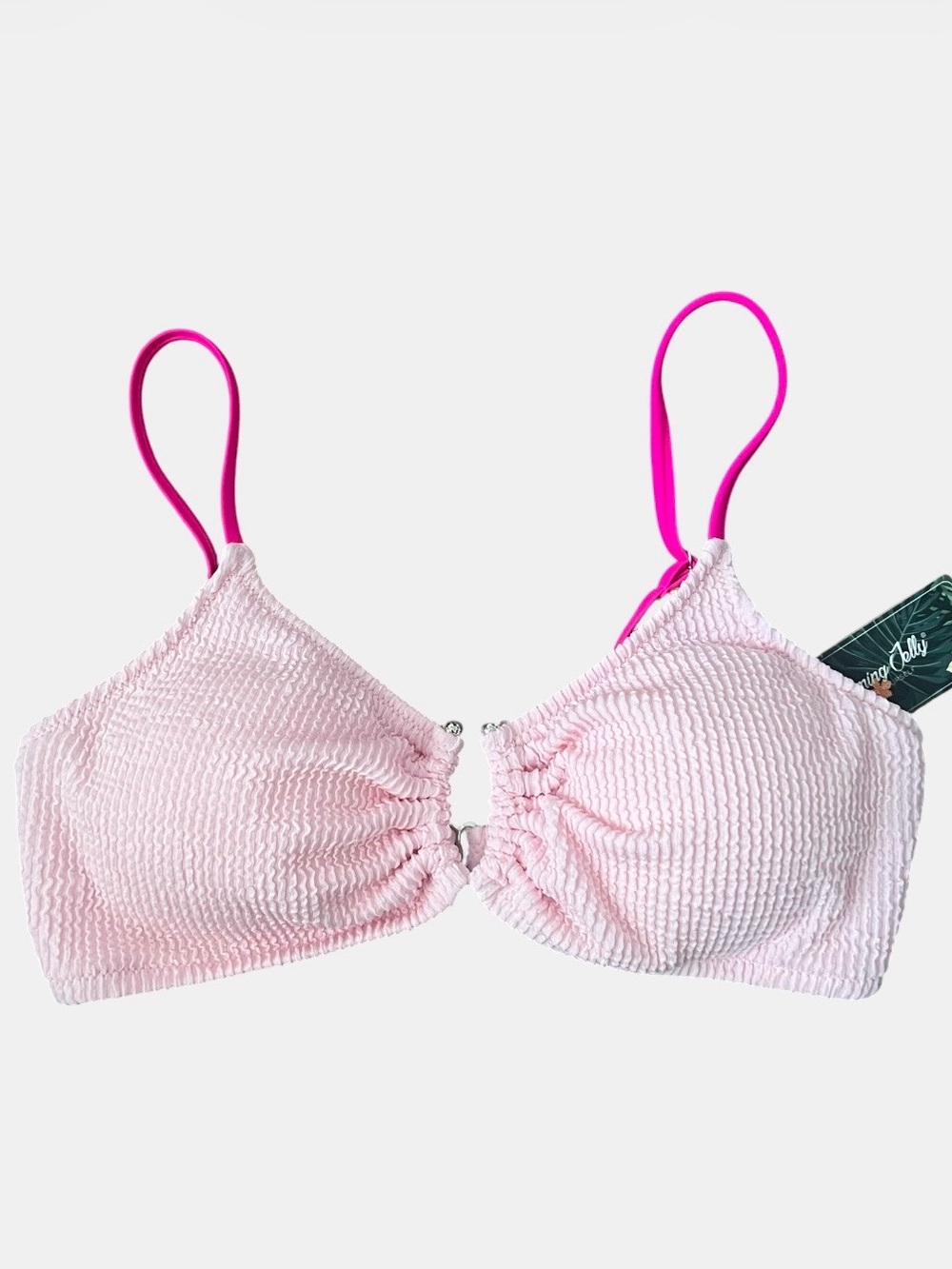 Women's Cheeky Pink Textured High Cut Tie-Side Bikini with Hot Pink Straps - Picture 5 of 13